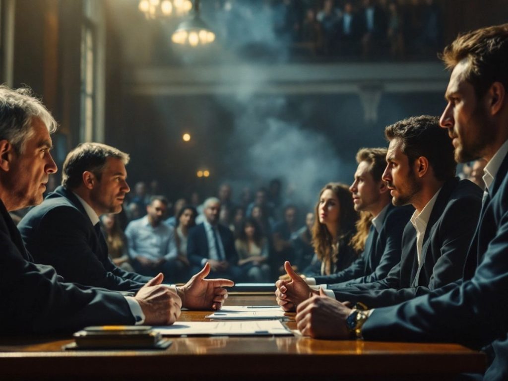 Scenă de judecată cu avocați și judecător.