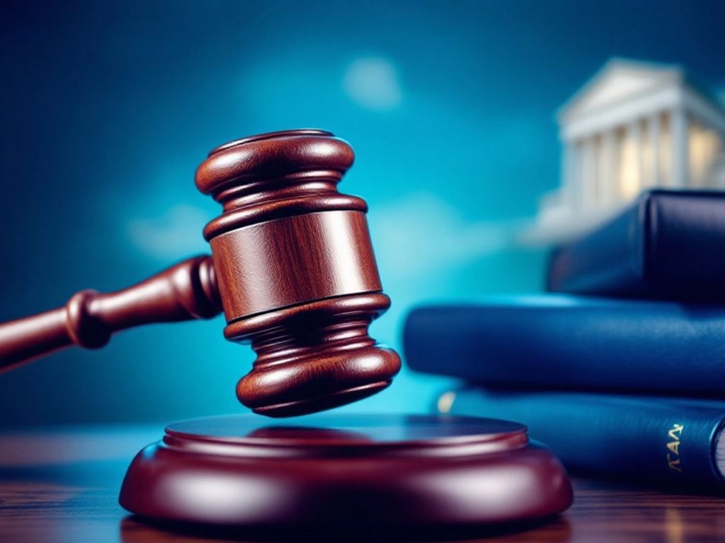 Ciocan judecătoresc și cărți de drept pe masă.