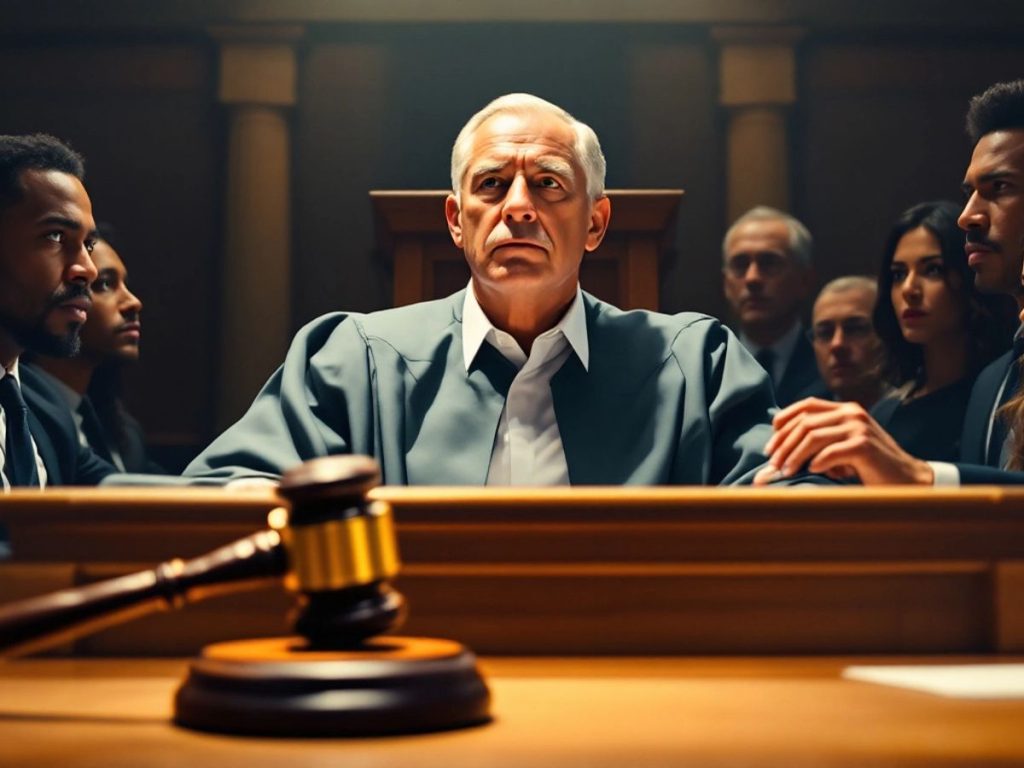 Scenă de judecată cu judecător și avocați.