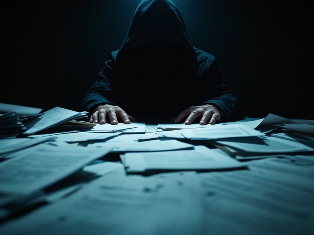 Figură în umbră, documente împrăștiate, atmosferă tensionată.