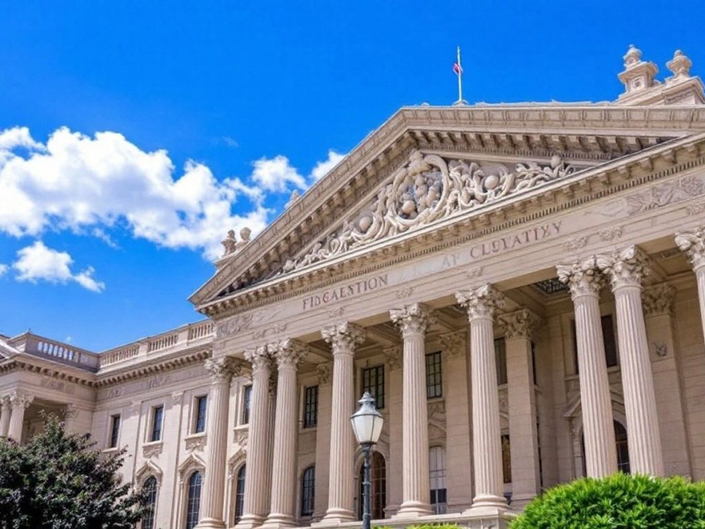 Clădire legislativă cu arhitectură detaliată și vegetație.