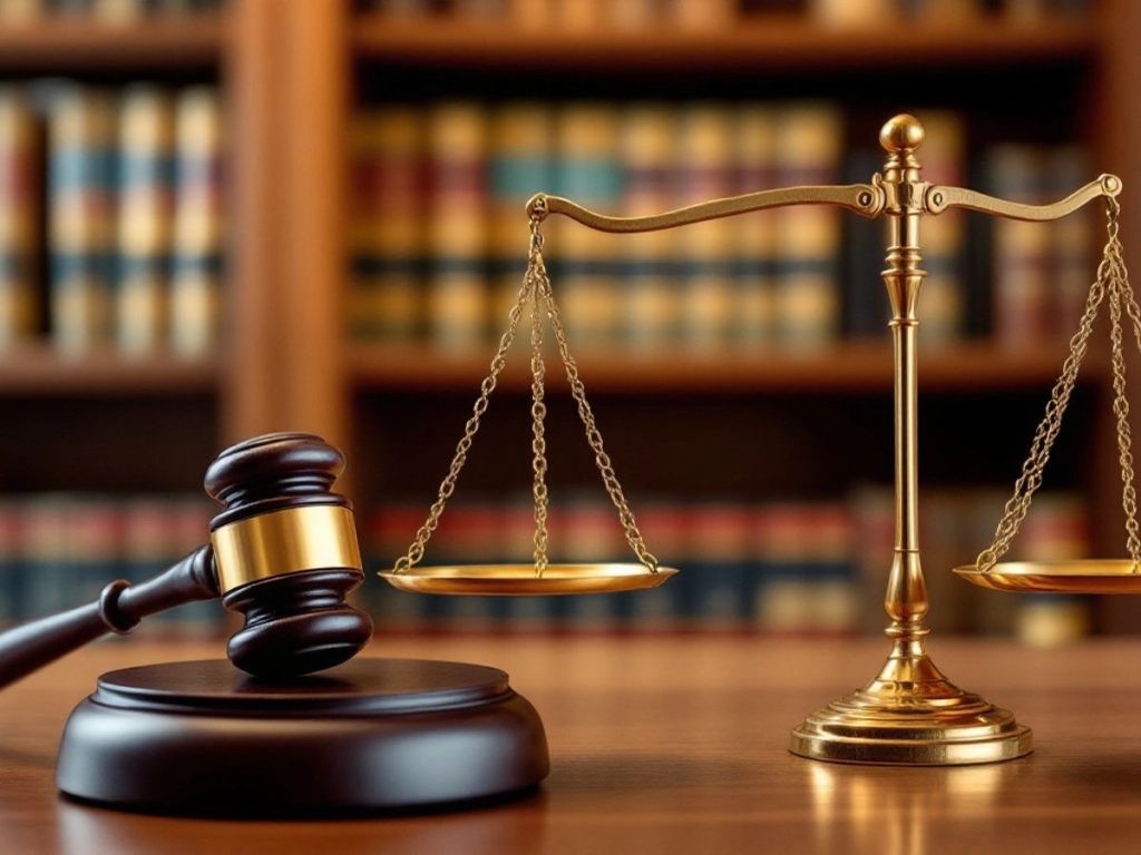 Imagine cu balanța justiției și un ciocan de judecată.