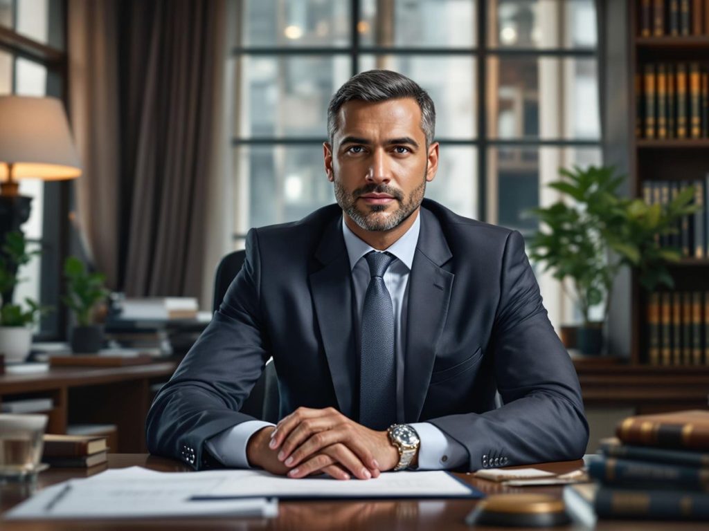 Avocat în birou modern, cărți juridice în jur.