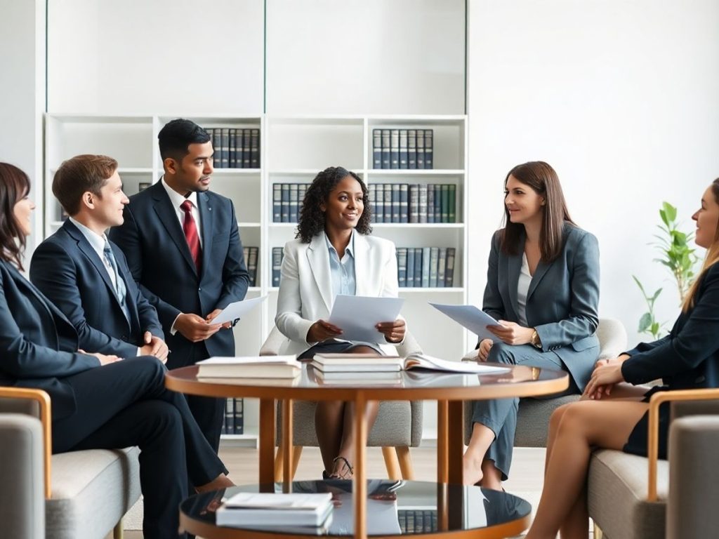 Grup de avocați discutând într-un birou modern.