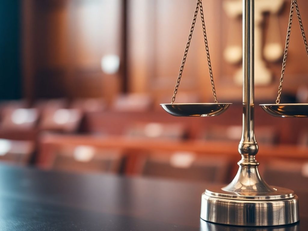 Un cântar de justiție în prim-plan, fundal tribunal.