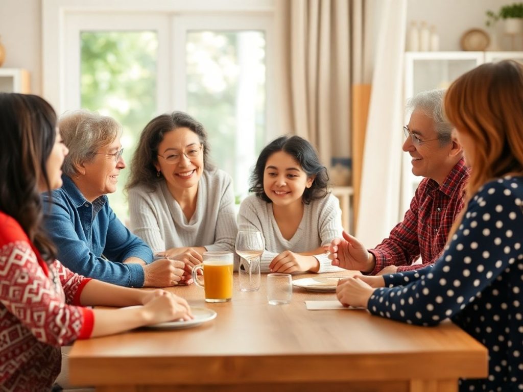 O familie discutând într-un cadru cald și primitor.