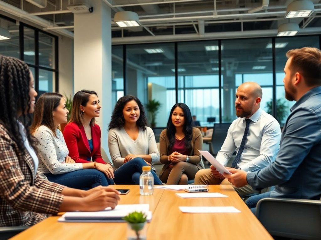 Angajați diversificați discutând despre modificările legii muncii.