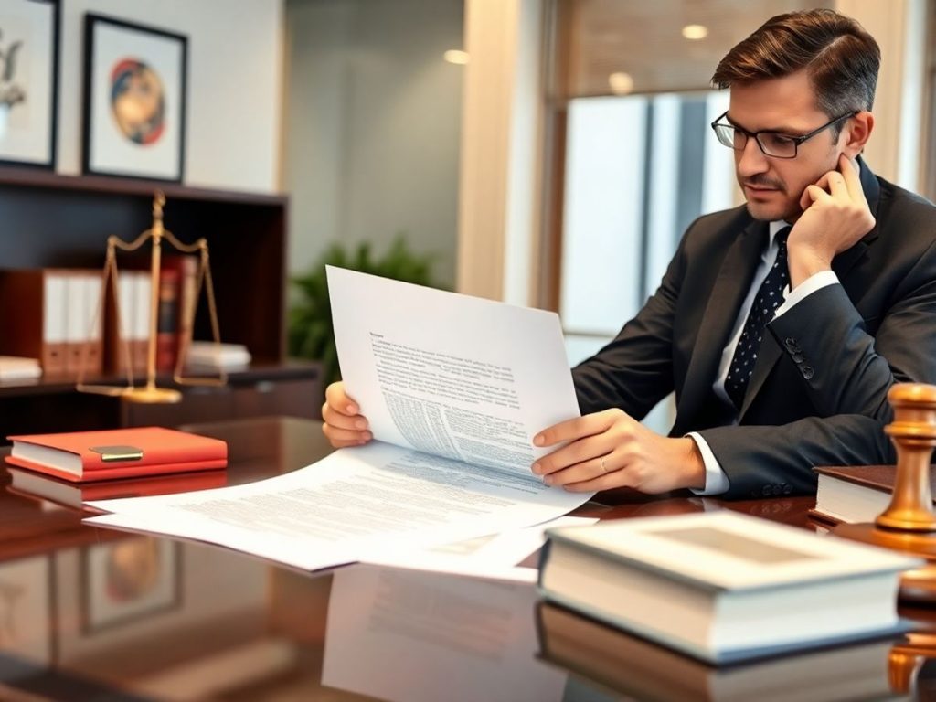 Avocat analizând documente de drept comercial.