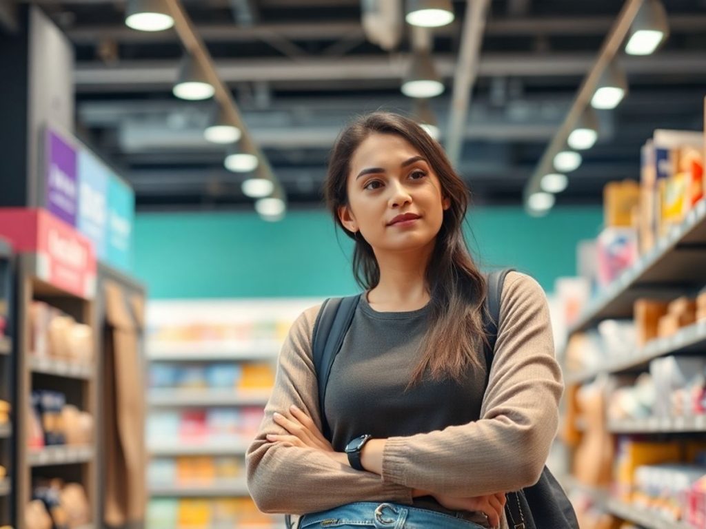 Consumator evaluând produsele într-un magazin de retail.