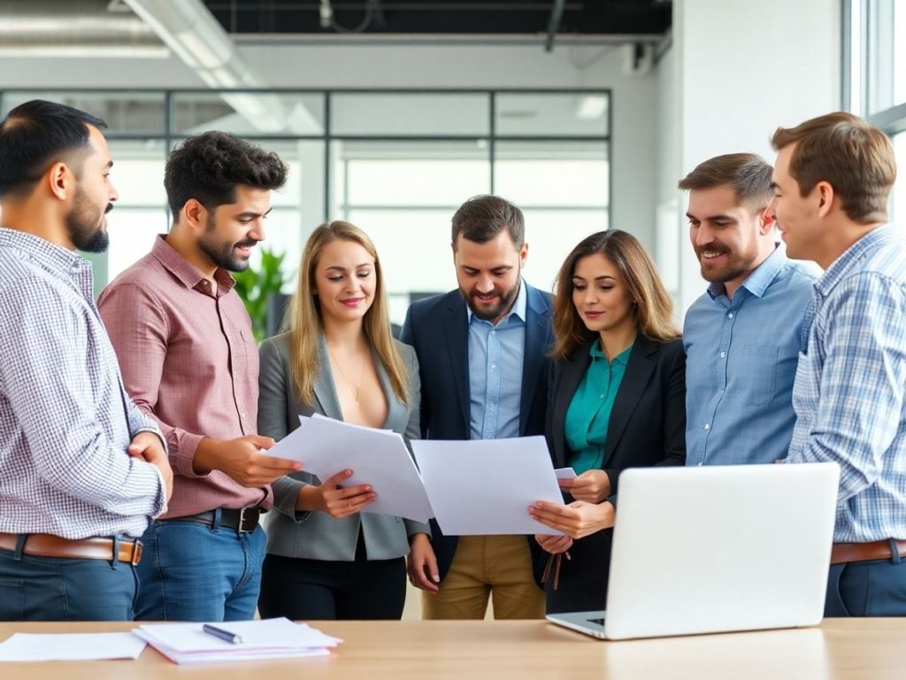 Grup divers de angajați și angajatori discutând despre drepturi.