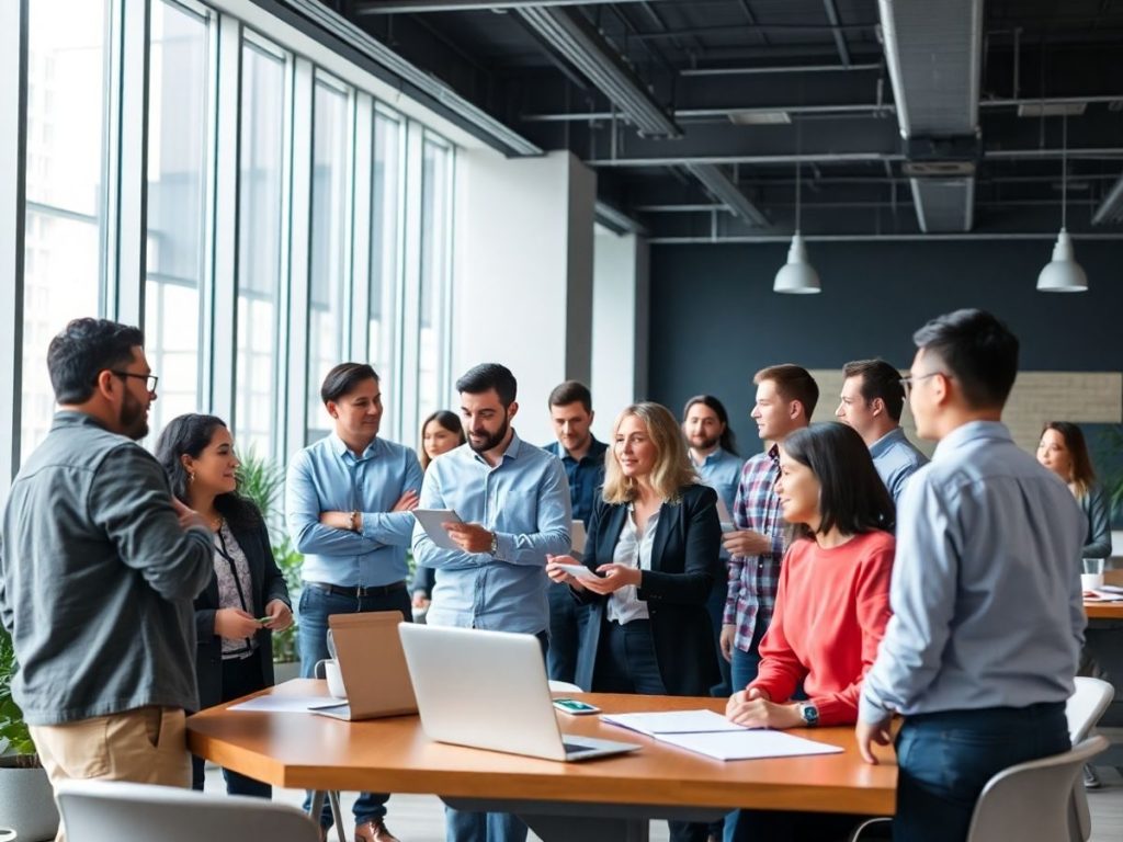 Angajați diversificați colaborând într-un birou modern.