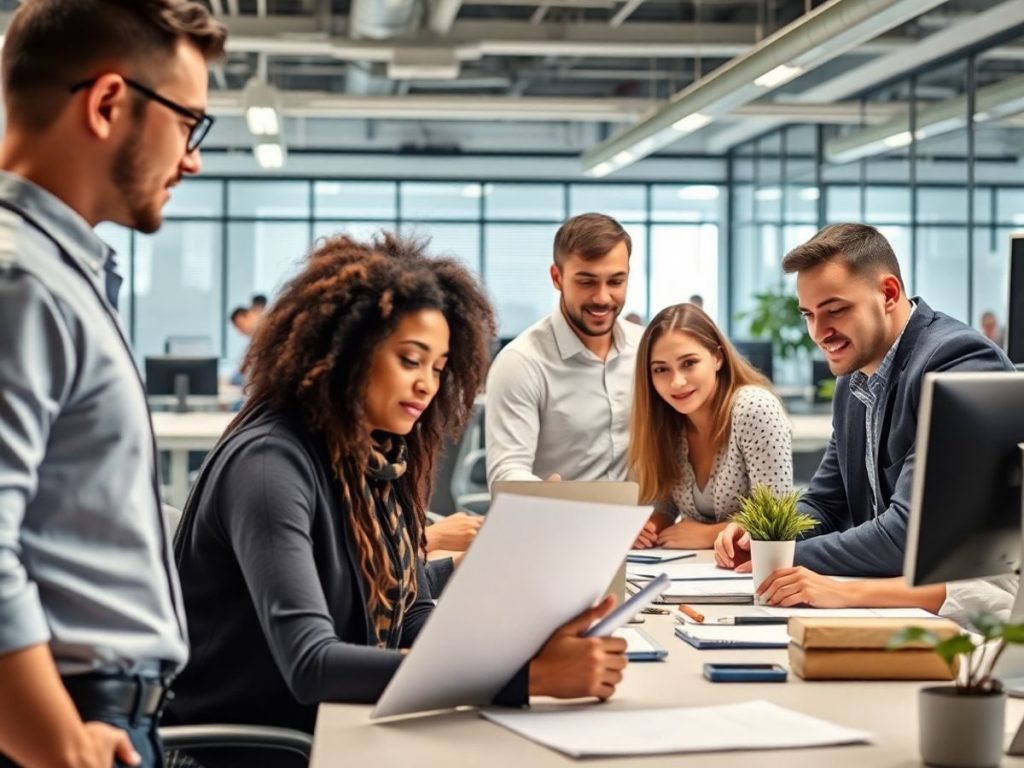 Colaborare între angajați într-un birou modern.