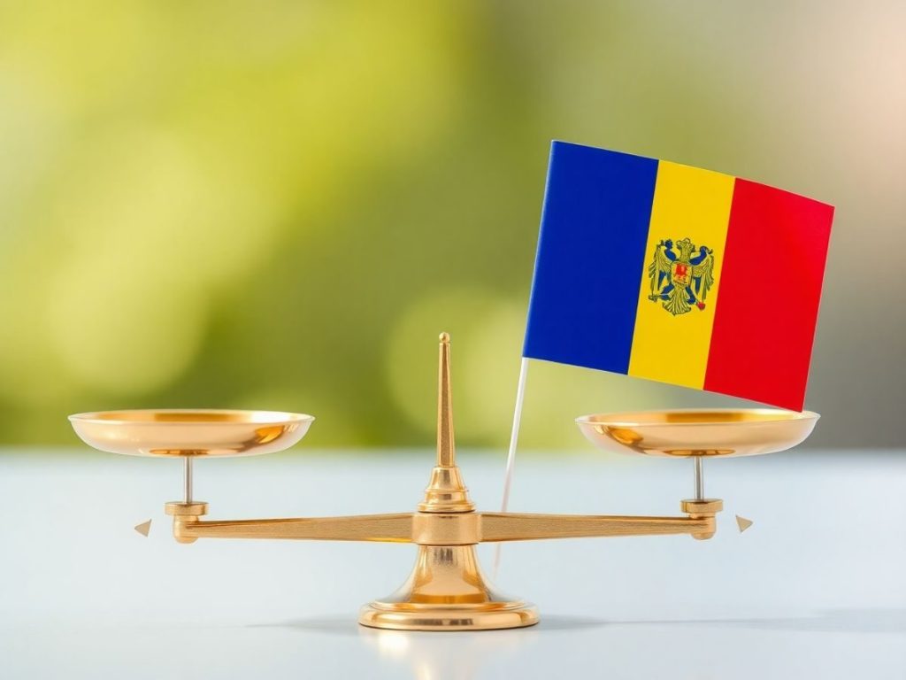 O balanță în echilibru, pe fundal steaguri UE și România.