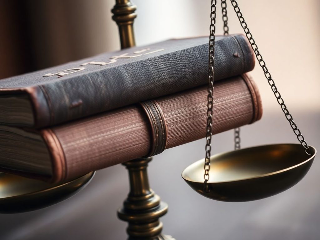 O balanță a justiției, cu o carte grea pe un taler.