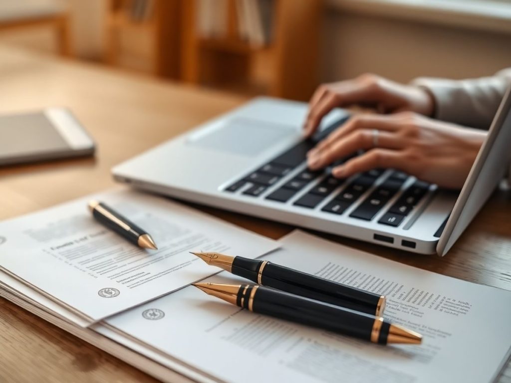 Testament online: laptop, stilou, documente juridice