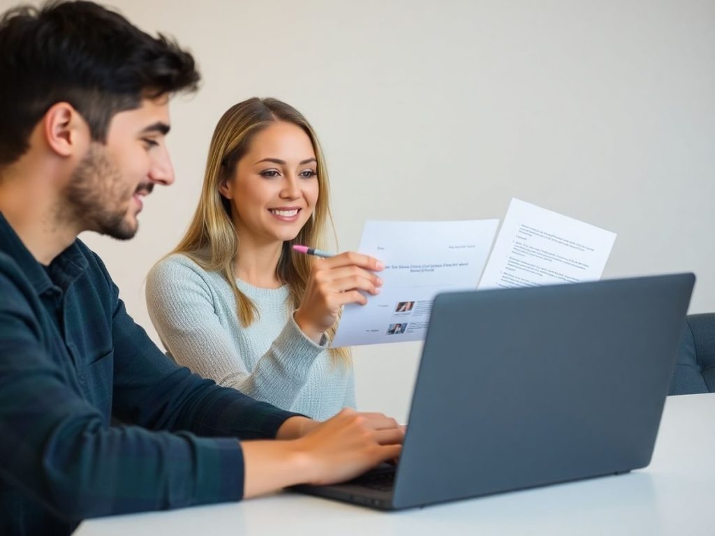 Pereche tânără semnând documente în fața calculatorului.