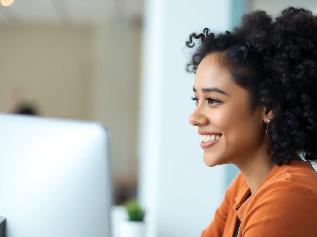 Coleg zâmbind în fața unui ecran de computer.