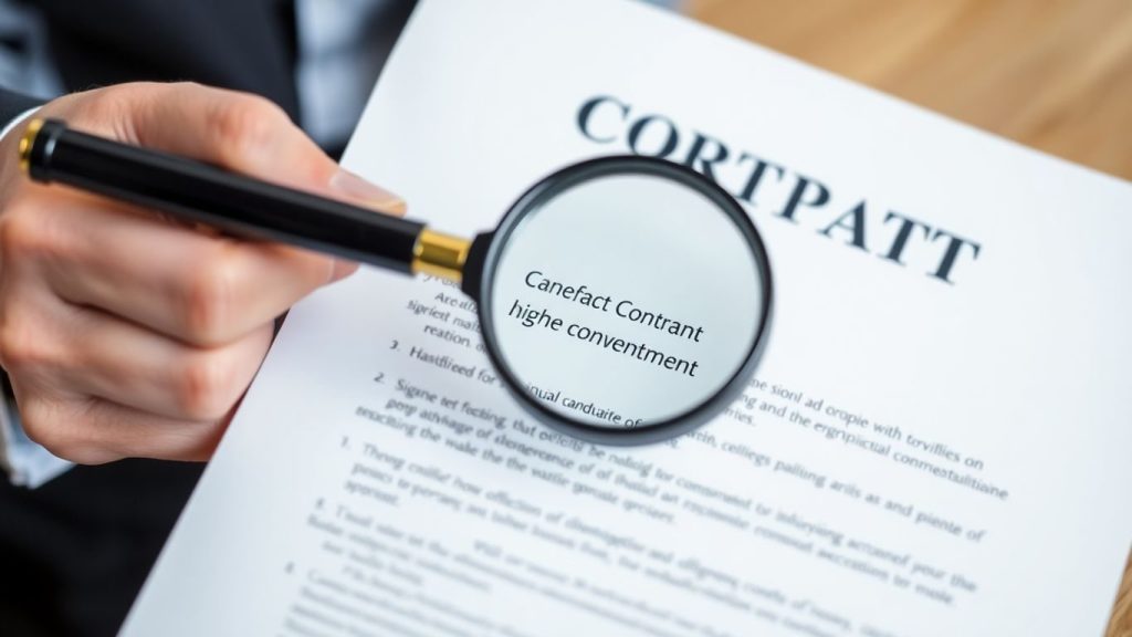 Mâna cu contractul și lupa examinând clauza.