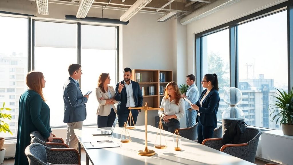 Angajatori români discutând despre tendințe în dreptul muncii.