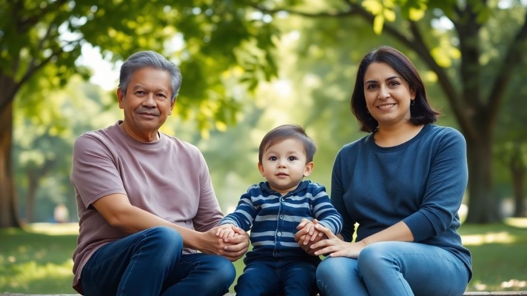 Doi părinți și un copil într-un parc liniștit.